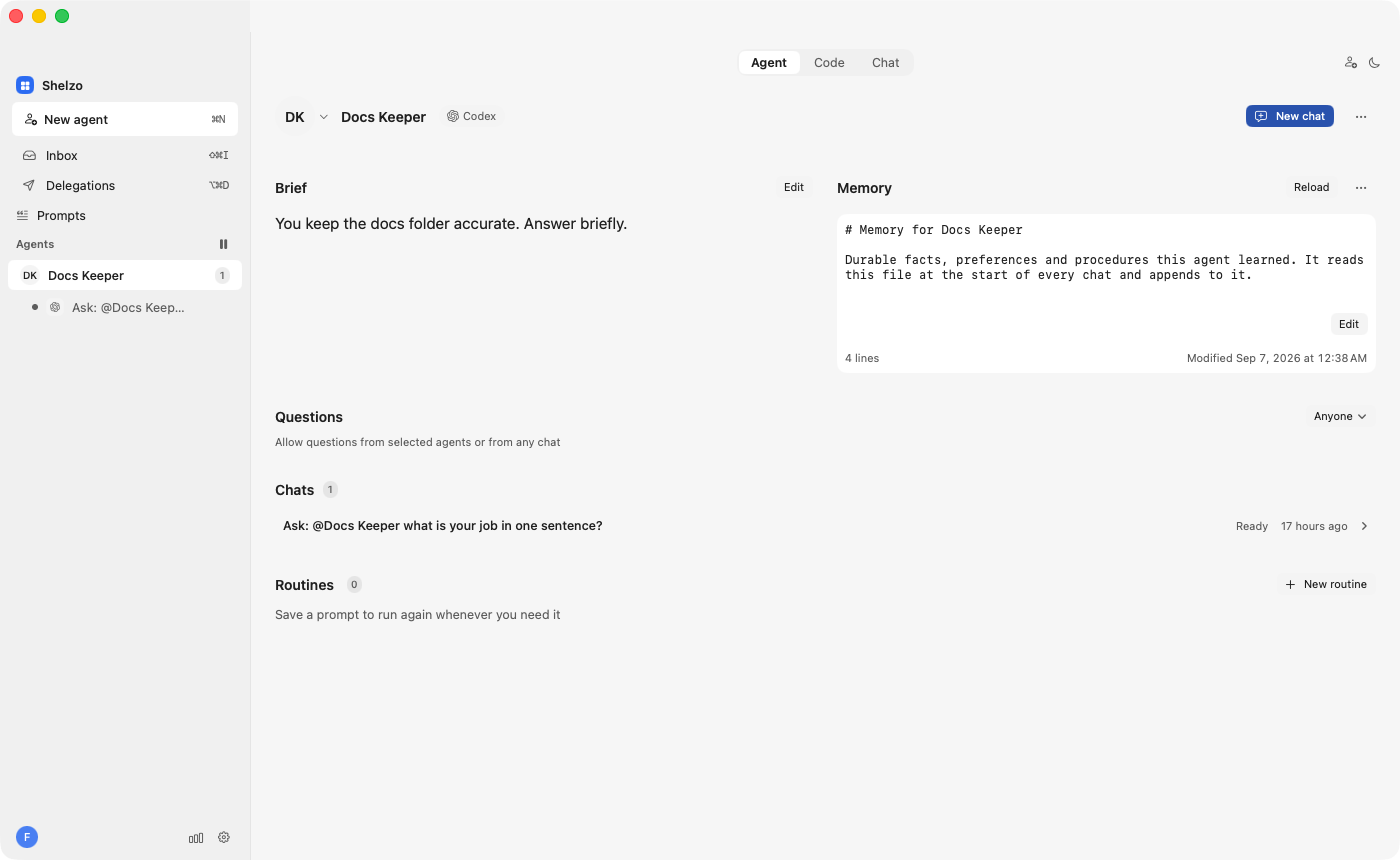 The Docs Keeper agent in Shelzo, with its brief, memory, recent chat, and routines section.