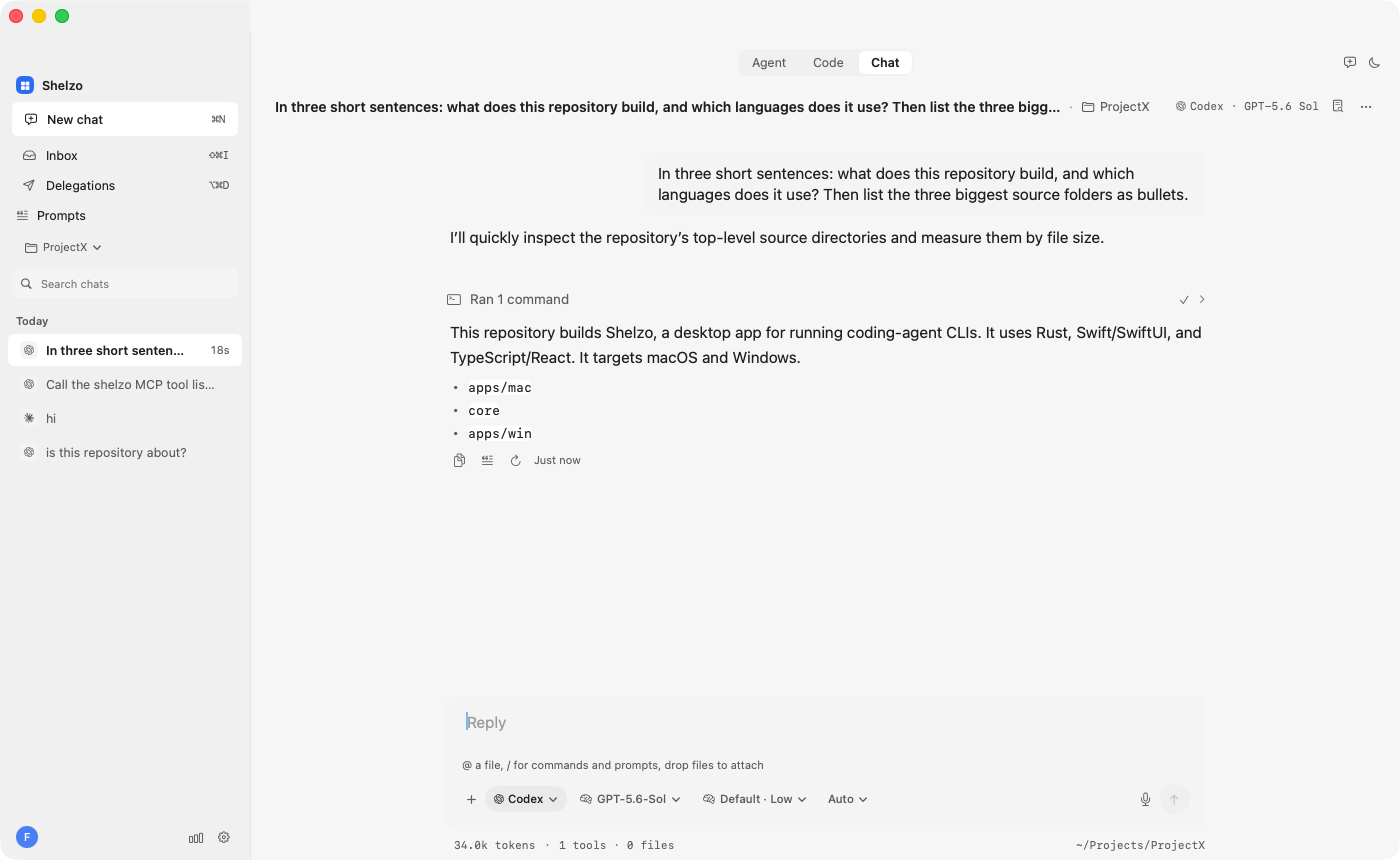 A Codex chat in Shelzo with a command result and engine, model, and effort chips below the reply field.